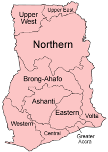 A clickable map of Ghana exhibiting its ten regions.