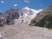 glacier flowing steeply downhill from Mont Blanc