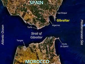 Satellite photo of the Strait of Gibraltar, showing Gibraltar to the north and Morocco to the south