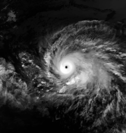 Satellite image of a large, mature hurricane. The structure of the storm is similar to the number "9", with a single, large rainband curving into the center. At the center, there is a small, well-defined eye.