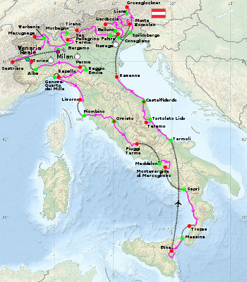 A physical map of Italy, with the host cities for the Giro marked with red and green dots and the route among them drawn with purple lines.
