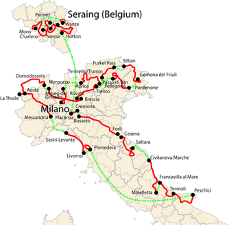 Map of Italy, with a small inset of Belgium, showing the path of the race in red and green lines, starting in west-central Belgium and crossing the unpictured European continent to Piacenza in northwest Italy and then going clockwise around Italy before eventually ending in Milan