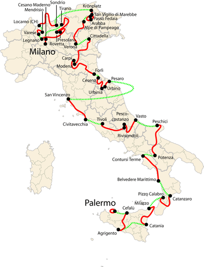 Map of Italy showing the path of the race, starting in the island of Sardinia to the south of the Italian mainland and heading north through the country to end in Milan