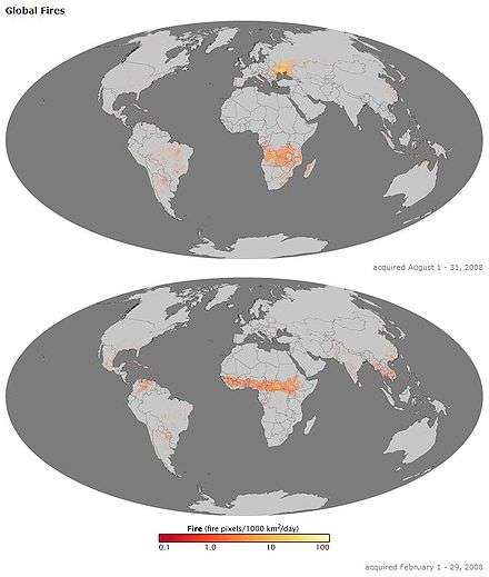 Two illustrations of the earth, one above the other. The seas are dark gray in color and the continents a lighter gray. Both images have red, yellow, and white markers indicating where fires occurred during the months of August (top image) and February (bottom image) of the year 2008.