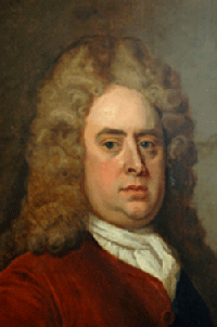 A head and shoulders portrait detail of Jonathan Belcher in middle age. He wears a wig and a reddish-brown jacket.