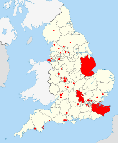 map of English local authorities (9 filled) with 37 scattered filled circles