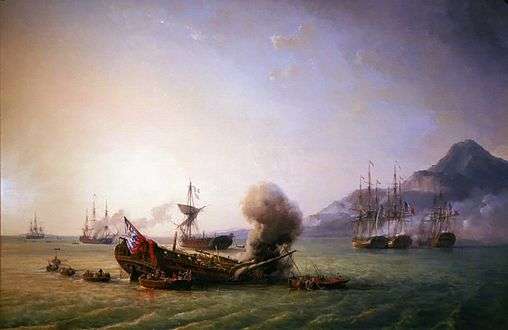Le Combat de Grand Port by Pierre Julien Gilbert. Visible  from left to right:  (seen striking her colours),  and  being set on fire by their crews,  surrendering, , ,  (in the background) and Ceylon. Many of the details shown in the painting did not happen simultaneously, but were spread over several days.