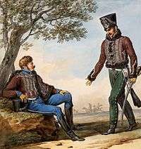 Print of two troopers of the French 2nd Hussars with brown jacket, white lace, and sky blue trousers