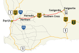 Map of major roads between Perth and Kalgoorlie