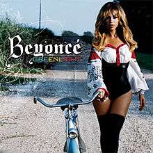 A brunette woman walks along a path. She wears a leotard compound of a white blouse with long sleeves and black boots. She holds a bicycle with her right hand, and above it, the word "Beyoncé" is written in white, while "Gre", "Enl", and "Ight" are written in green, yellow and red capital letters, respectively.