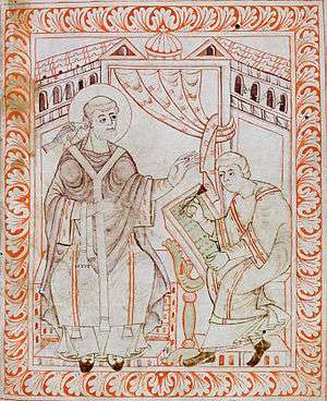 Manuscript drawing of a seated haloed figure in vestments, with a bird on his right shoulder, talking to a seated scribe writing.