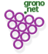 Ten hollow purple circles arranged in a slanted 2D pyramid shape. The words "grono net" are positioned to resemble the stem of a bunch of grapes.