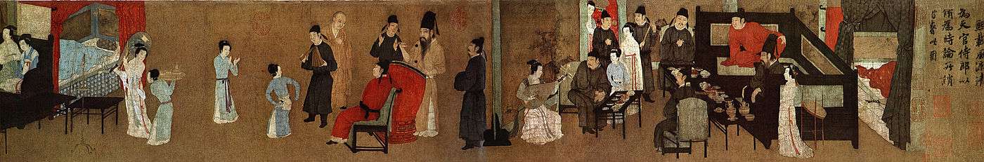 A small section of a larger painting of a party. On the left side, a man in red robes is seated in a chair. In front of him is a small female dancer, a male musician dressed in black, and a guest. Behind the chair is a second guest and a man in brown robes hitting a man sized drum with drumsticks. On the right side, several people sit around a bedroom area watching a woman play a large string instrument.