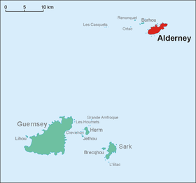 Location of Alderney (red) in relation to Guernsey.