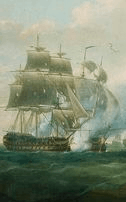 Painting showing a large sailing ship engaged in battle with another similar ship