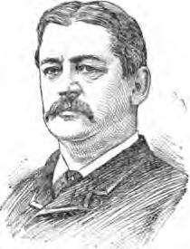 Drawing of a white man with hair parted in the center and a mustache, wearing a suit coat over a shirt and tie.