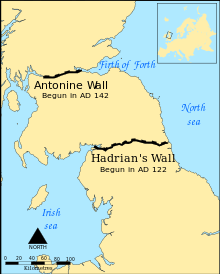 map of the UK with Antonine wall and Hadrian's wall