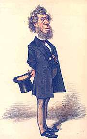 Color caricature sketch of Sec. Hamilton Fish with extended beard in standing position holding top hat in hand.