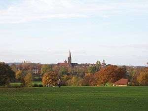 A view of Hampstead Heath across a grass covered field towards trees and a distant church tower.