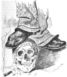 Political cartoon, showing the ankles and feet of a man; the suit trousers are labeled "Hanna" and are covered with dollar signs.  One foot rests on a skull, marked "Labor".  Resting on the ground near the skull is a burning cigar.