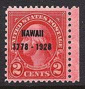A red two-cent stamp showing George Washington, facing left.  The design is overprinted with the words HAWAII 1778–1928