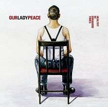 In a white room, a young man in a white shirt with suspenders sits in a chair facing away from the world. The band's name is to the left of his head while the album's name is to the right, in red.
