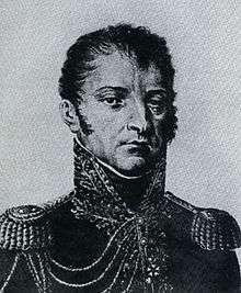 Black and white print of a scowling man wearing a dark military uniform with epaulettes and the high collar typical of the Napoleonic era.