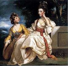 Grandly dressed woman, seated, with her daughter kneeling on her right
