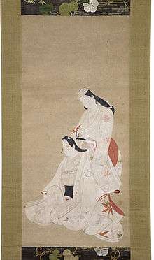 Handpainted scroll attributed to Hishikawa Morofusa, titled "Two Actors Combing Hair", circa 1700; showing an onnagata (female-role actor) combing the hair of a wakashū-gata (actor specializing in adolescent male roles).