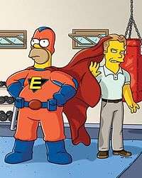 A fat cartoon character stands in a red superhero uniform with a cape, striking a heroic pose. Behind him is a fit, well dressed cartoon character looking annoyed. The backdrop is of a weight room with open small windows.