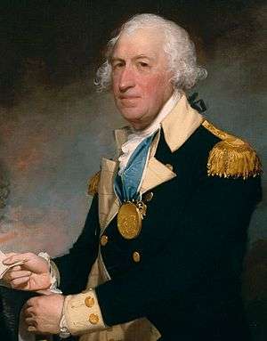 Portrait of a man with white curly hair in a dark blue general's uniform with buff lapels and cuffs