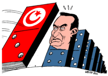 The cartoon depicts Egyptian President Hosni Mubarak as the next to fall after the Tunisian revolution forced President Zine El Abidine Ben Ali to flee the country.