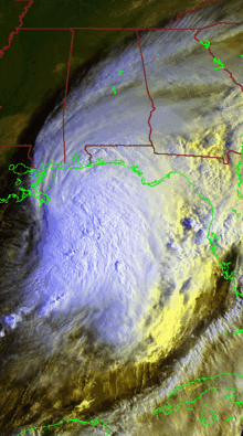Satellite image of Hurricane Earl, a somewhat disorganized tropical cyclone in the northeastern Gulf of Mexico
