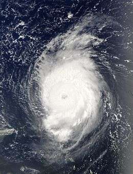 A view of Hurricane Fabian from Space on September 2, 2003. The intense Category 4 storm is located about 190 miles north-northeast of Barbuda. The storm's eye, visible near the center of the image, is over the open waters of the Atlantic Ocean.