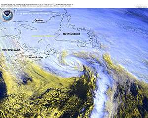 Satellite photo of a hurricane approaching Newfoundland