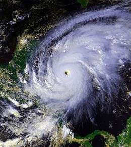 Satellite image of Hurricane Mitch in the western Caribbean Sea, a very intense Category 5 hurricane