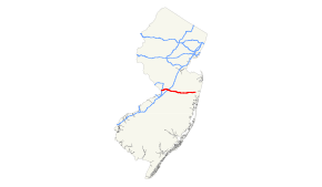 A map of New Jersey showing major roads. I-195 runs east-west across the center of the state.