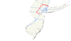 A map showing major roads in New Jersey and southern New York. I-287 runs in a horseshoe from northeastern New Jersey clockwise to the eastern part of southern New York.