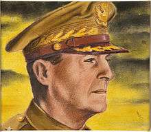 A painting of a godlike General MacArthur in his peaked cap, staring into the rising sun.
