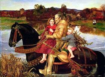 Nineteenth century painting of an elderly knight in armour on horseback with two young children holding on to him.