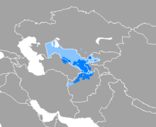 A map, showing that Uzbek is spoken throughout Uzbekistan, except the western third (where Karakalpak dominates), and northern Afghanistan.
