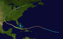 Map showing the path of a tropical cyclone, which generally moves from right to left. The track crosses over several landmasses to the left of the image before curving towards the upper half of the map.