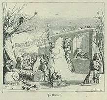 Illustration of children surrounding a snowman in an outdoor winter scene