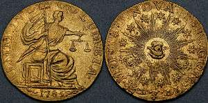 Both sides of a gold coin, depicting a seated figure and an allegorical all-seeing eye