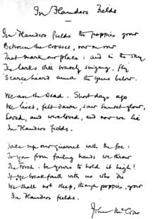 The poem handwritten by McCrae. In this copy, the first line ends with "grow", differing from the original published version.