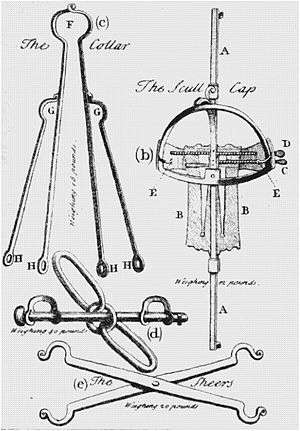 Drawings of five different metallic implements, labelled with letters and names. One is labelled "The Scull Cap," and has a head-shaped round metal frame attached to a long vertical rod, with two long screws penetrating the inner space of the round frame. Another labelled "The Sheers" is a scissor-like device, hinged in the middle, with pairs of hooks on both ends. All devices have their weights written next to them, ranging from 12 to 40 lb (5.4 to 18.1 kg).