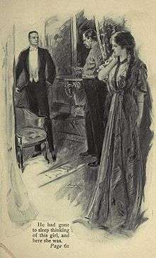 book illustration showing two men squaring up aggressively and a young woman, concealed, watching them. A caption reads: "He had gone to sleep thinking of this girl, and here she was."