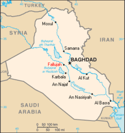 A tan political map of Iraq with major cities' names written in black and Fallujah noted in red
