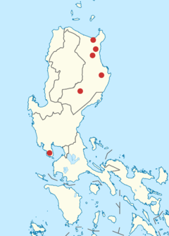 Map of the Northern Philippines showing known locations of sightings or collections of the Isabela oriole