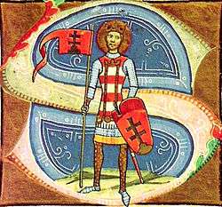 A standing man with a halo around his head who bears a coat-of-arms and a flag, both depicting double crosses